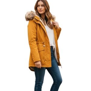 NWTS Only Women's Mustard Jacket with Faux Fur Hood, zip/snaps, size Small,